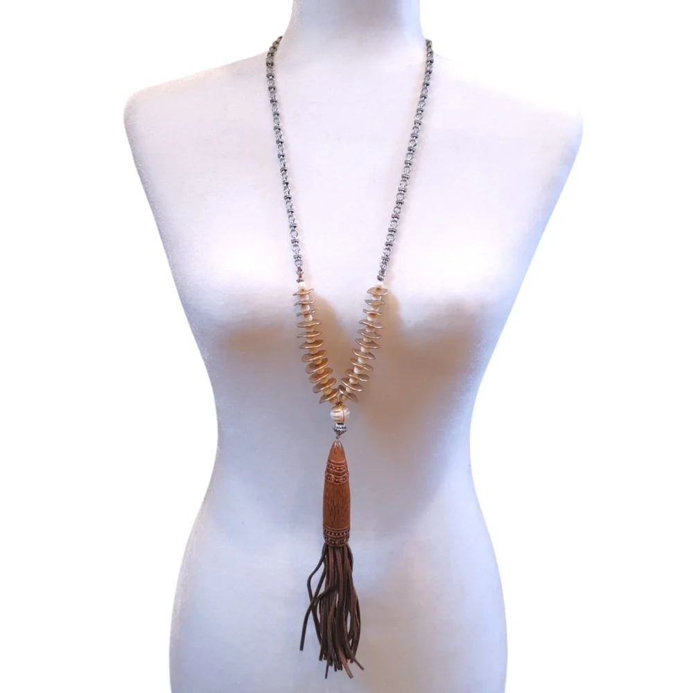 Chico's Fringe Pendant Gold Bead Western Long Statement Necklace Fashion Jewelry